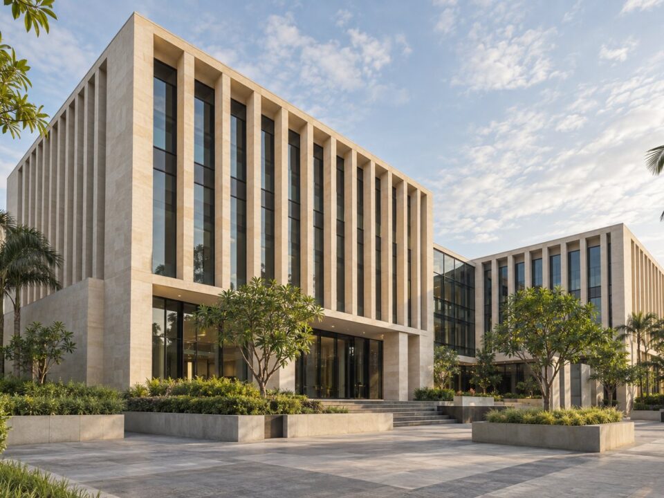 Fictional modern office campus with a stone facade