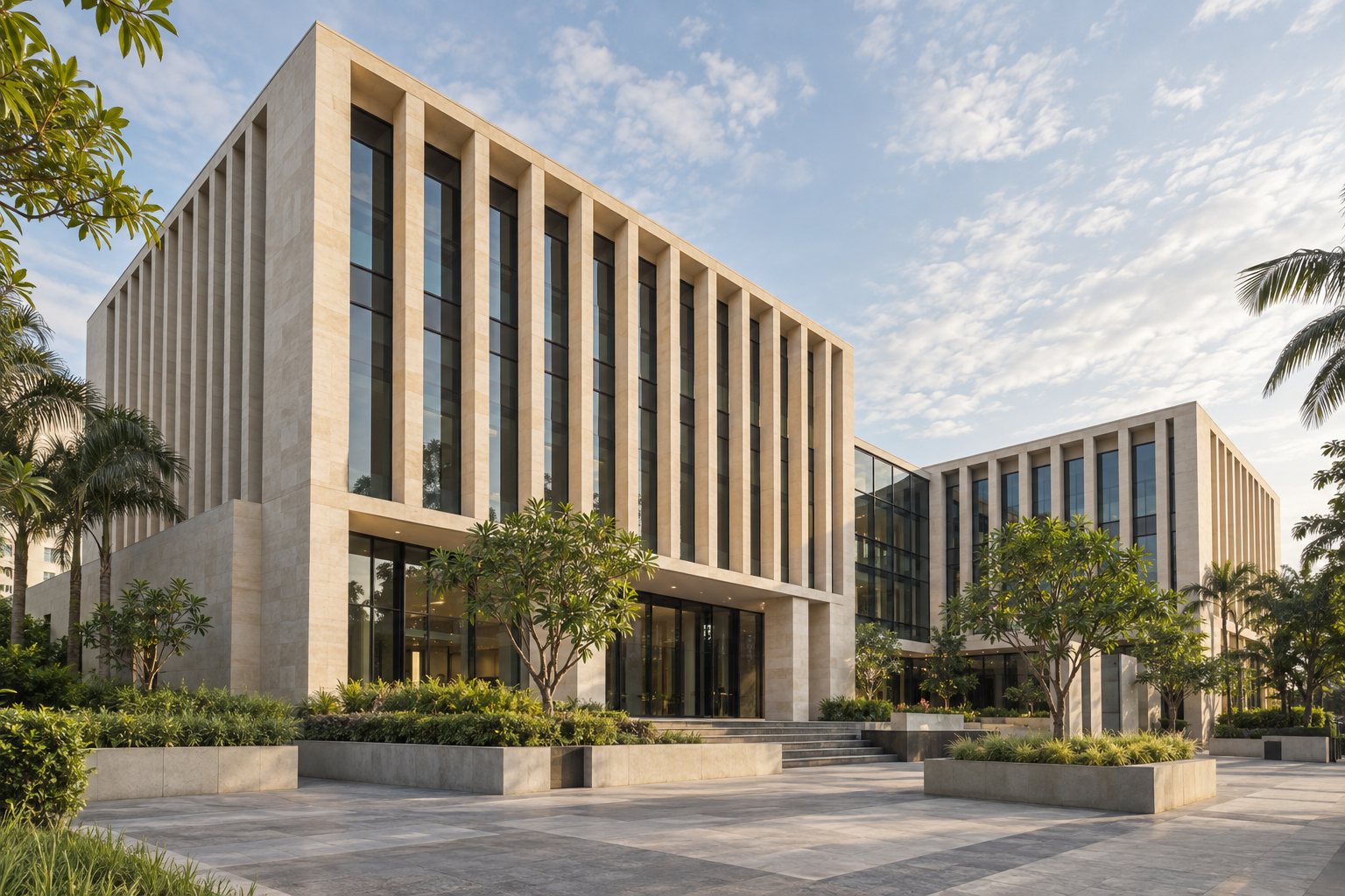 Fictional modern commercial building with a stone facade.