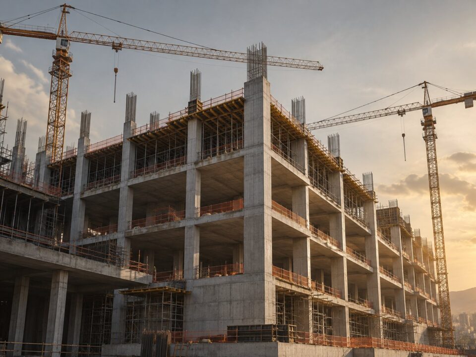 Fictional commercial building under construction with tower cranes